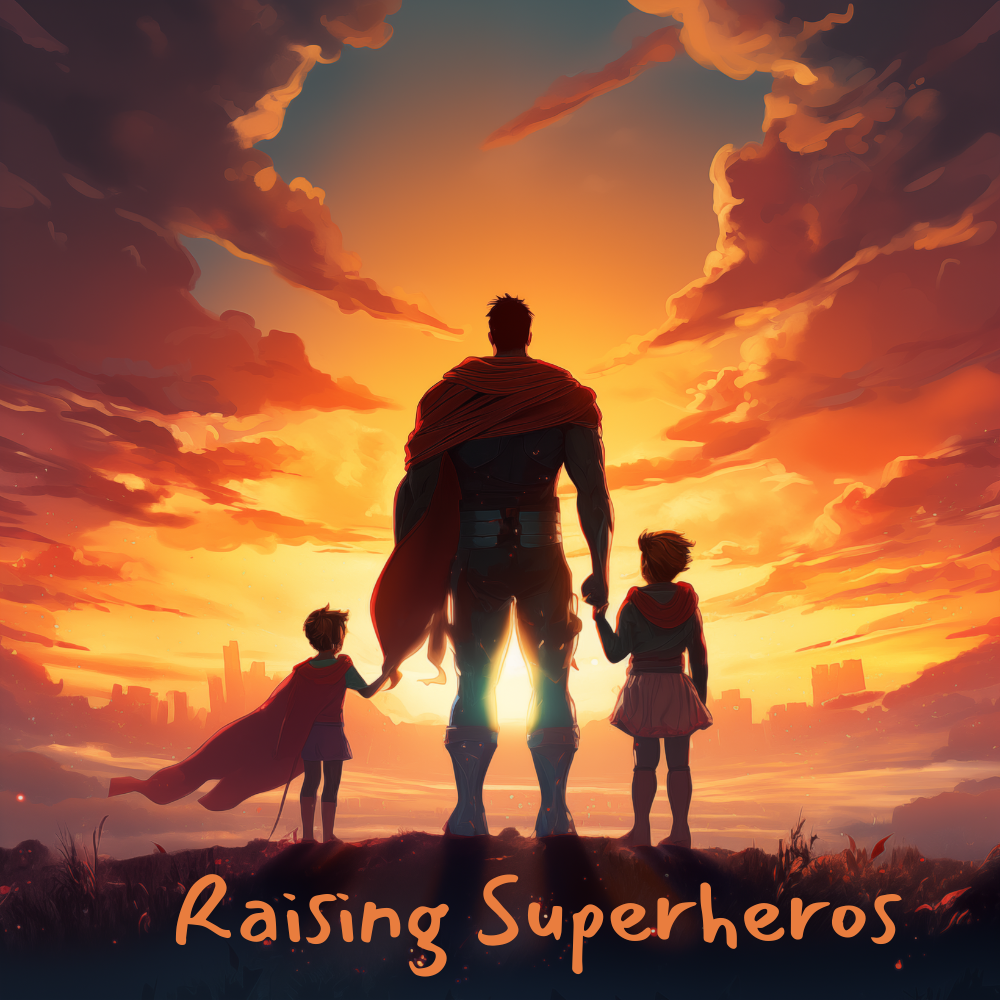 Raising Super Heros Logo, Man in a cape with two small childen